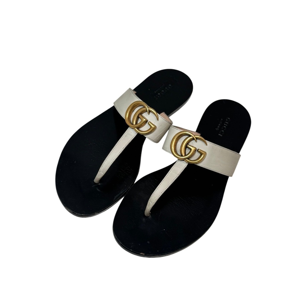 GUCCI Marmont Ivory Leather Golden GG Thong Slide Sandal Shoes Size 36.5